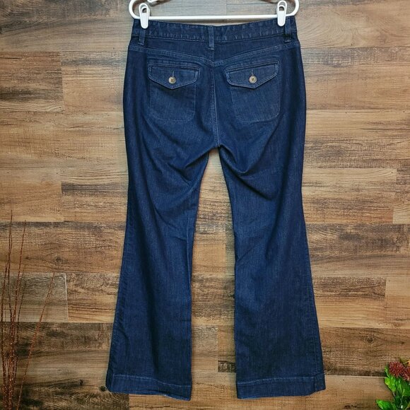 Loft Jeans 6 Curvy Trouser Flare Low Rise Button Flap Dark Wash Denim Preppy - Picture 2 of 11
